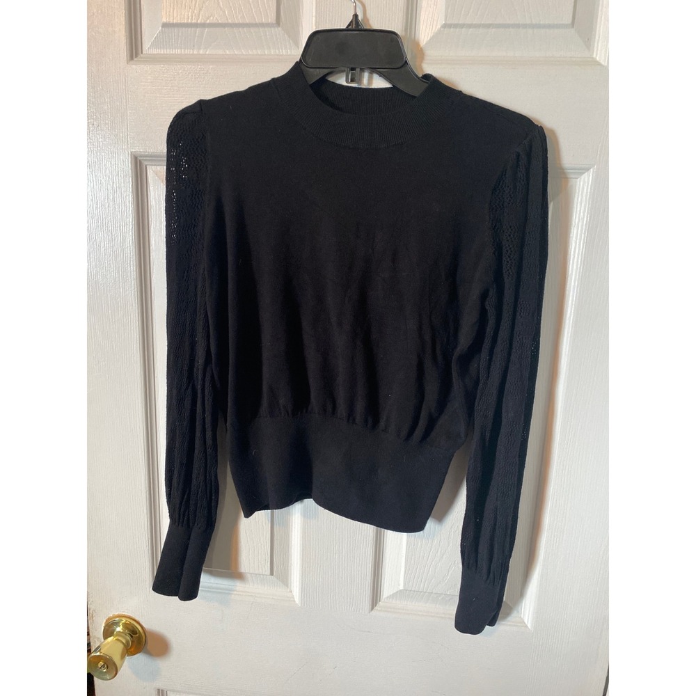 Ryegrass Black Mock Neck Sweater Puff Sleeve Pointelle Knit Top Womens Medium